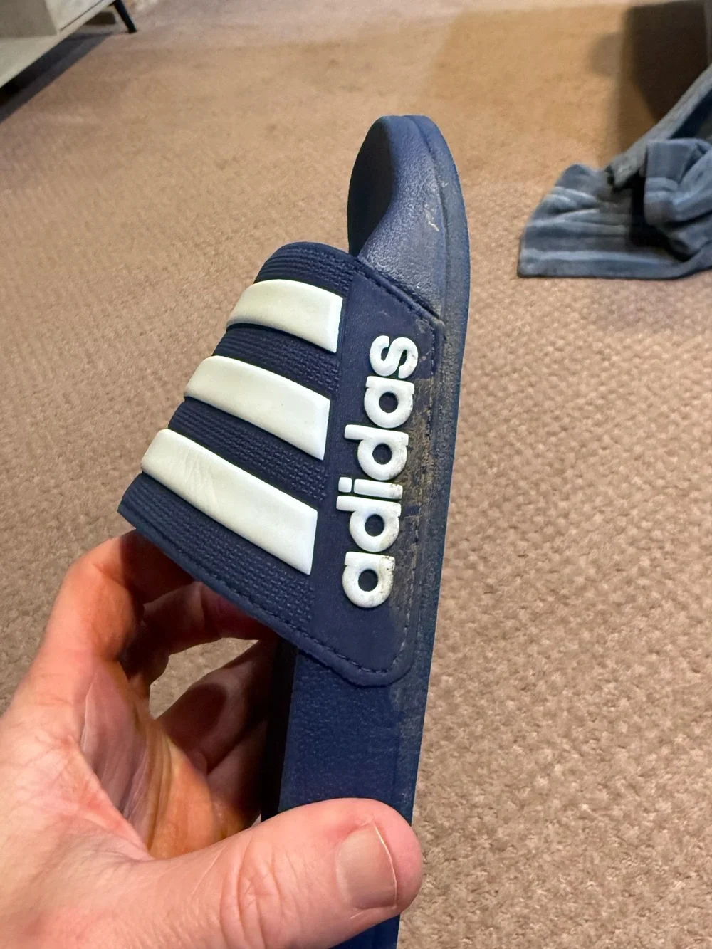 adidas Navy and White Slide Sandals with Three Stripes